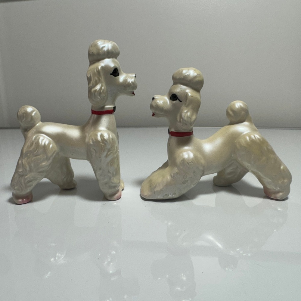 Vintage Ceramic Poodle‎ Figurines Pair Pearlescent White Red Collar Accent Decor